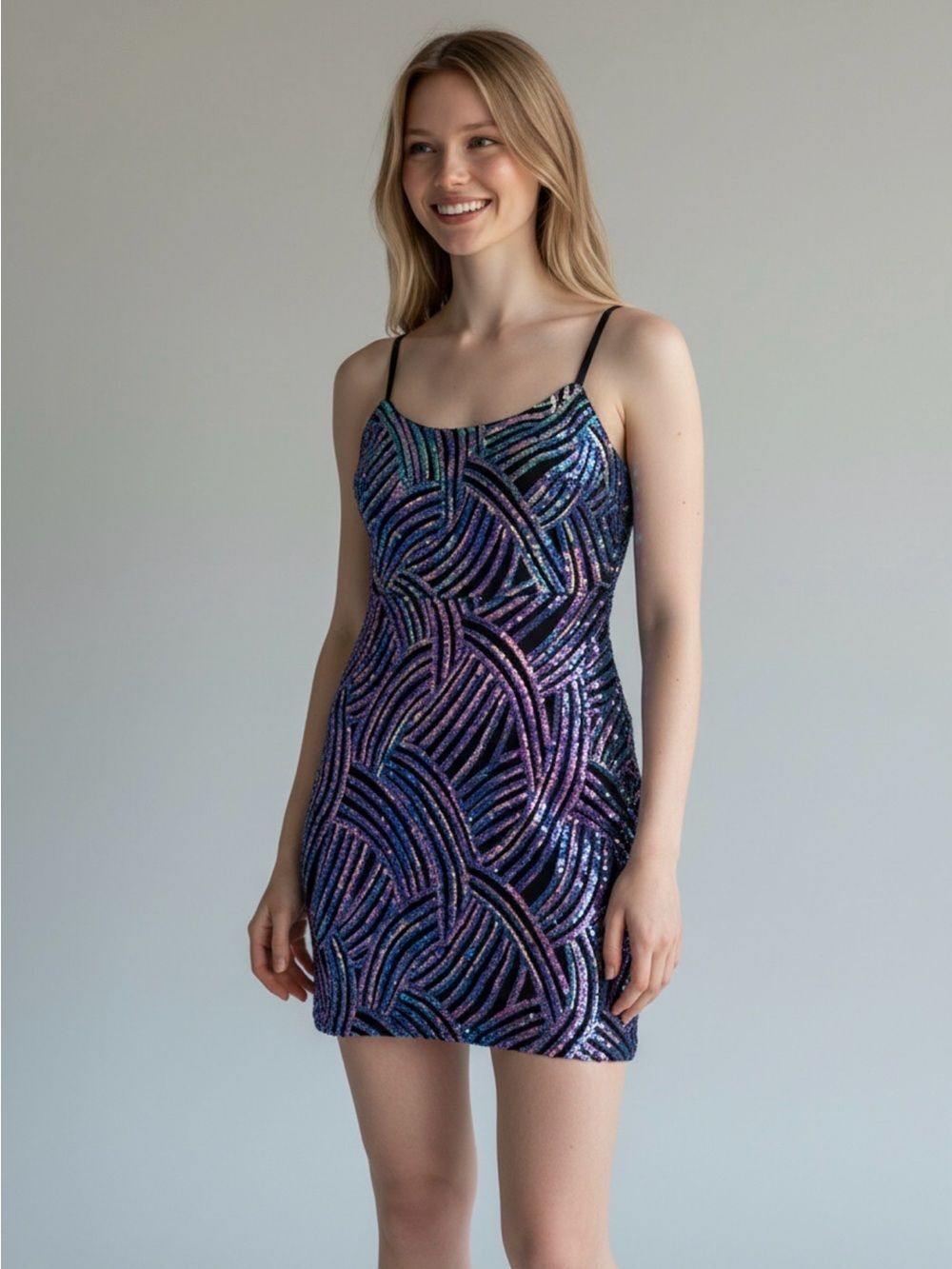 Morgan & Co Iridescent Sequin Swirl Mini Dress Lace Up Back